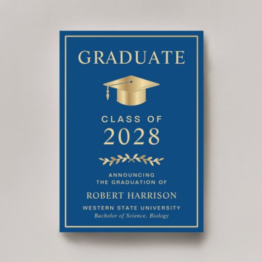 Faire-part Élégant Classic Blue Gold Graduation