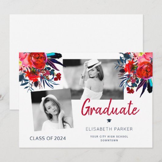 Faire-part Élégant collage photo collage floral graduation (Devant / Derrière)