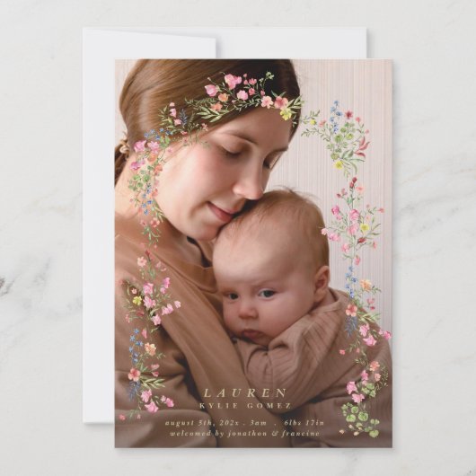 Faire-part elegant dainty floral arch spring two photo baby (Devant)