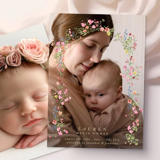 Faire-part elegant dainty floral arch spring two photo baby