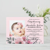 Faire-part élégant de baptême floral rose (Debout devant)
