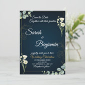 Faire-part élégant de mariage avec verdure marine (Debout devant)