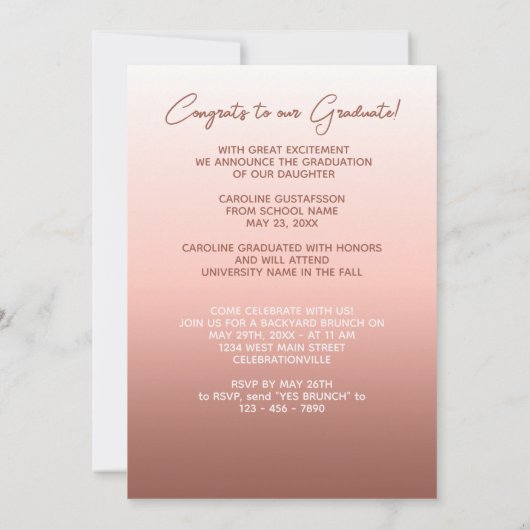 Faire-part Élégant Design Ombre Coral Blush Pink Graduation (Dos)