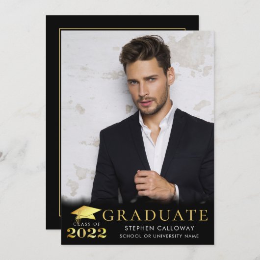 Faire-part Élégant diplômé 2022 Black Gold Metallic 2 Photo (Devant / Derrière)