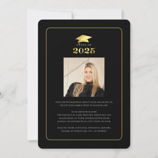Faire-part Élégant diplômé 2025 Black Gold Script 2 Photos (Dos)