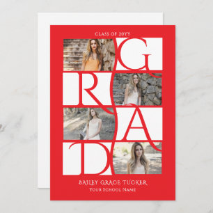 Faire-part Élégant Diplômé 5-Photo Rouge brillant Graduation