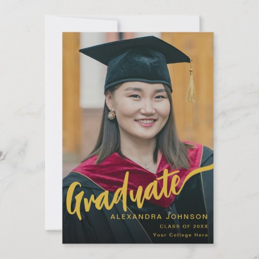 Faire-part Élégant Diplômé Photo Gold Script noir (Devant)