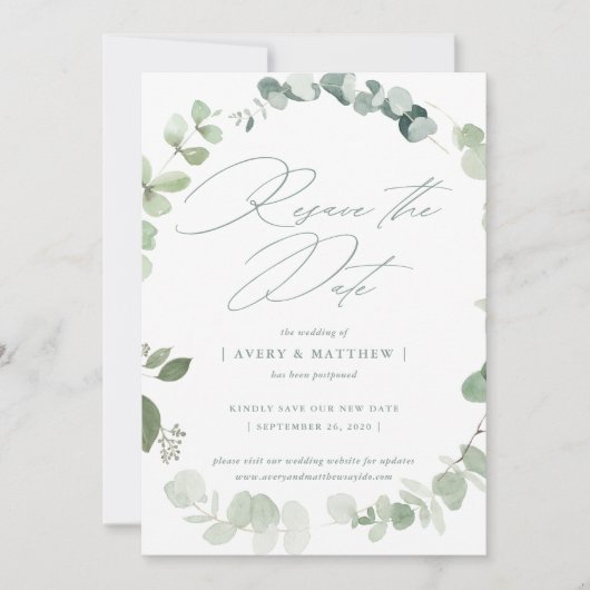 Faire-part Elégant Eucalyptus Réinitialiser Le Mariage Date (Devant)