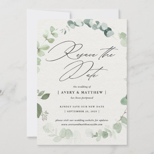 Faire-part Elégant Eucalyptus Réinitialiser Le Mariage Date (Devant)