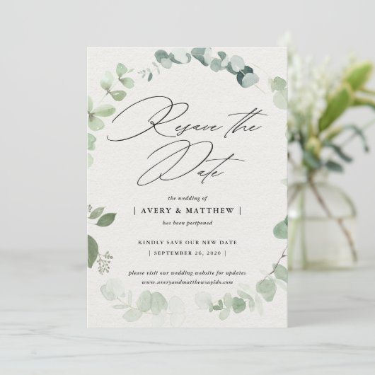 Faire-part Elégant Eucalyptus Réinitialiser Le Mariage Date (Debout devant)