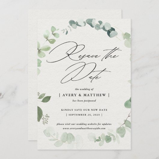 Faire-part Elégant Eucalyptus Réinitialiser Le Mariage Date (Devant / Derrière)