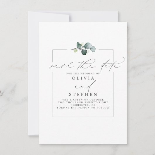 Faire-part Élégant Eucalyptus Vert Économisez La Date (Devant)