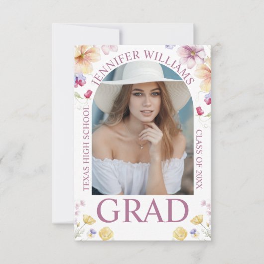 Faire-part élégant floral chic rose script graduation photo (Devant)