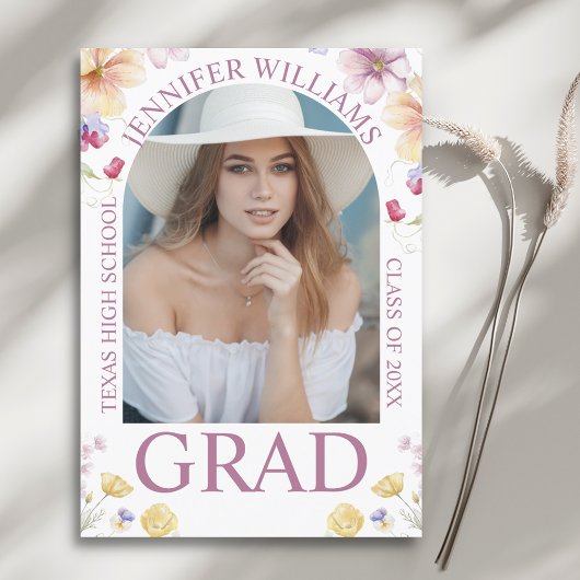 Faire-part élégant floral chic rose script graduation photo