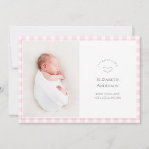 Faire-part Élégant gingham rose bébé 2 Photo Naissance Fille