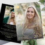Faire-part Elegant gold black graduate photo graduation<br><div class="desc">Classic faux gold calligraphy script high school college university simple stylish black graduation announcement with 2 custom photos and text template.</div>