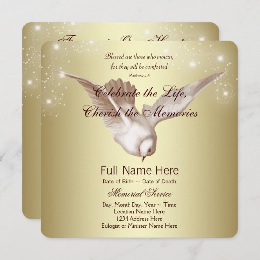 Faire-part Elégant Gold Dove En Mémoire Amoureuse (Devant / Derrière)