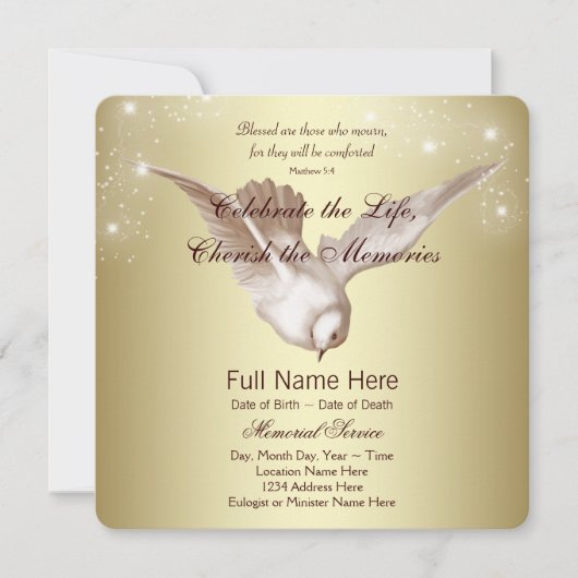 Faire-part Elégant Gold Dove En Mémoire Amoureuse (Devant)
