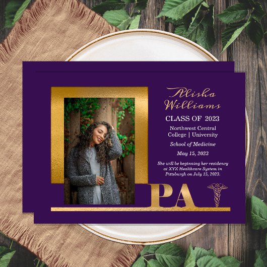Faire-part Elegant Gold PA Caduceus 1 Photo Dk Purple Grad