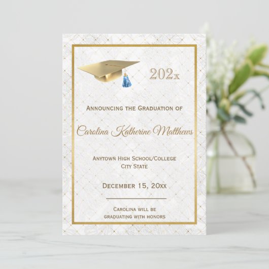 Faire-part Elégant Gold Photo Blue Casquette Graduation (Debout devant)