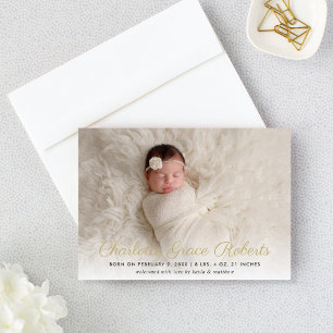 Faire-part Elégant Gold Script Baby Girl Photo Birth