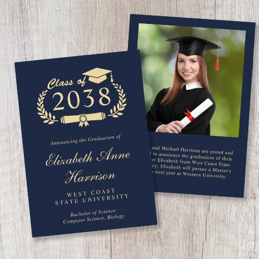 Faire-part Elegant Gold Script Blue Photo College Graduation