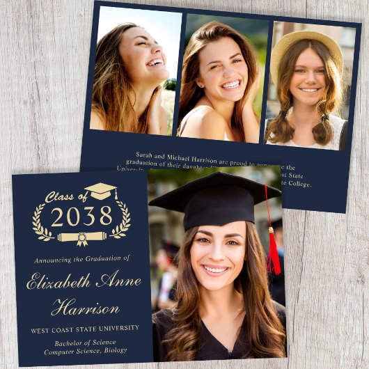 Faire-part Elegant Gold Script Photo Blue College Graduation