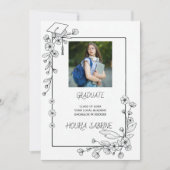 Faire-part Elégant Graduation Bordure florale noire et blanch (Devant)