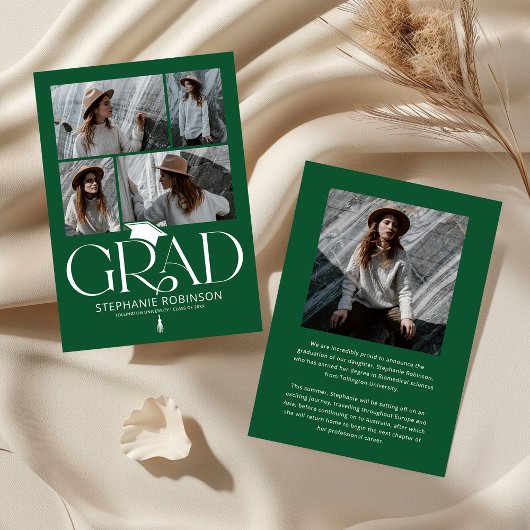 Faire-part Elegant Green & White Photo Collage Graduation