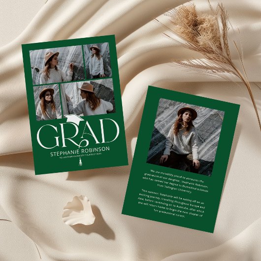 Faire-part Elegant Green & White Photo Collage Graduation