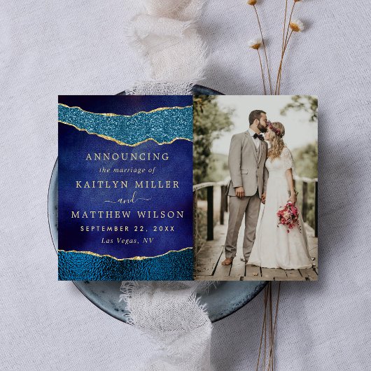 Faire-part Elégant Marine Blue & Gold Agate Mariage Photo
