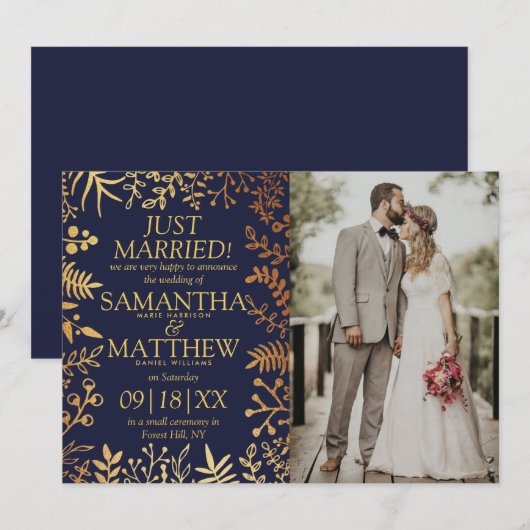 Faire-part Elegant Marine & Gold Floral Mariage Photo (Devant / Derrière)
