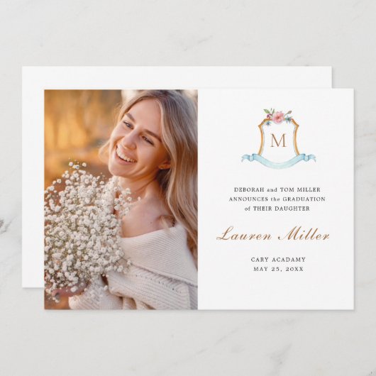 Faire-part Élégant Monogramme Crest Graduation (Devant / Derrière)