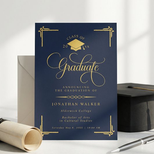 Faire-part Elegant Navy Blue Gold College Graduation