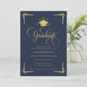 Faire-part Elegant Navy Blue Gold College Graduation (Debout devant)