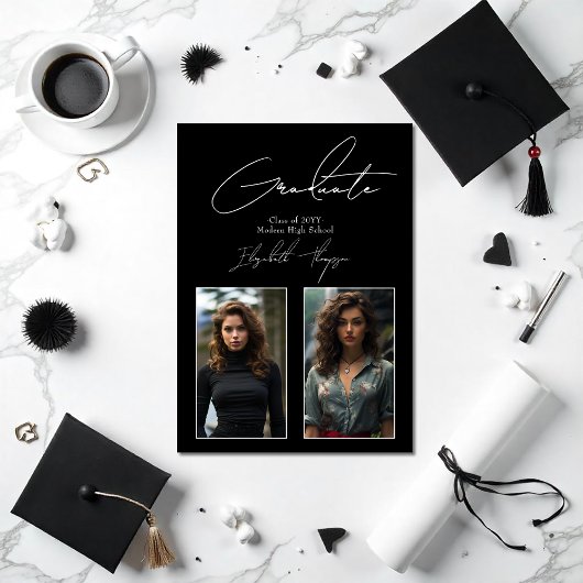 Faire-part Elégant noir et blanc photo de graduation moderne