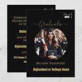 Faire-part Elégant noir et or Photo Espagnol Diplômé (Devant / Derrière)