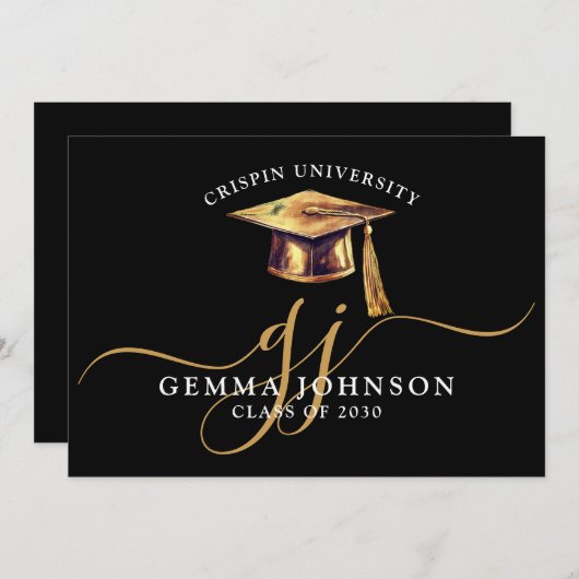 Faire-part Élégant Nom de graduation Or Monogramme Noir (Devant / Derrière)
