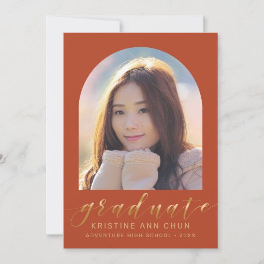 Faire-part Élégant Orange Arch Gold Script Photo Graduation (Devant)