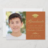 Faire-part Elégant Orange Gold Script Casquette Photo Graduat (Devant)