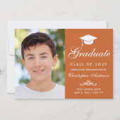 Faire-part Élégant Orange White Script Photo Graduation (Devant)