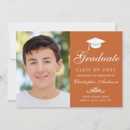 Faire-part Élégant Orange White Script Photo Graduation (Devant)
