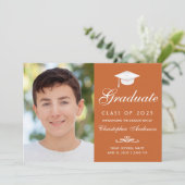 Faire-part Élégant Orange White Script Photo Graduation (Debout devant)