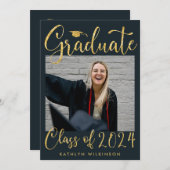 Faire-part Élégant Parties scintillant or Script Chic Blue Ph (Devant / Derrière)