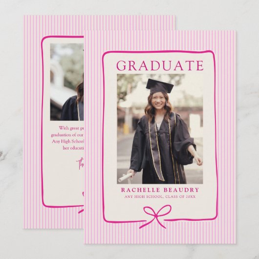 Faire-part Elegant Pink Stripes Bow Frame Graduation Photo  (Devant / Derrière)