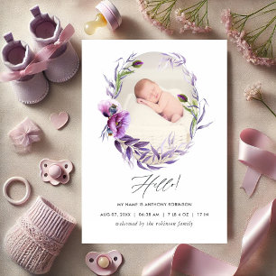 Faire-part Élégant Purple Floral Photo Baby