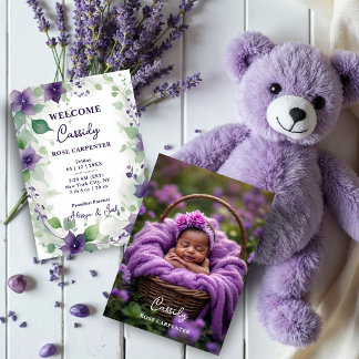 Faire-part  Elegant Purple Garland Flowers Photo Birth Baby