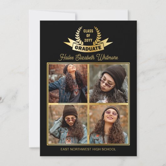 Faire-part Elégant quatre photo noir | Diplôme d'or (Devant)