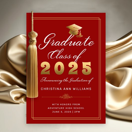 Faire-part Élégant Red Gold Script Classe de 2025 Graduation