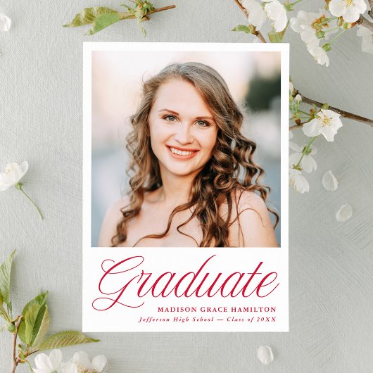 Faire-part Elegant Red Script Photo Graduation